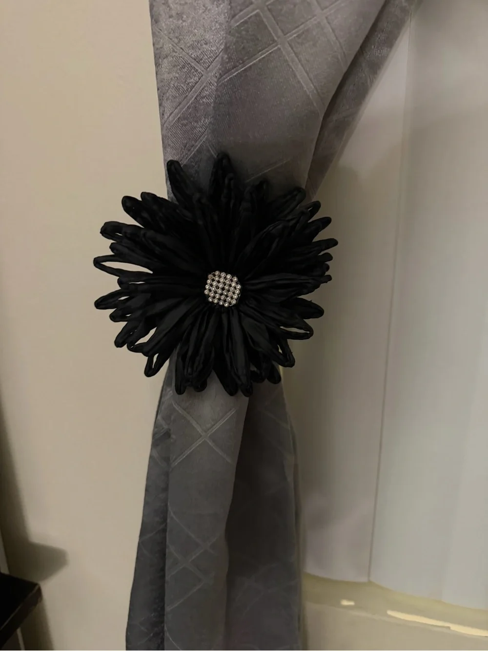 Pair or 2 - Black Floral Curtain Tieback with Rhinestone Center